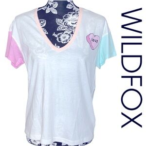 Wildfox  V-Neck Short Drop Shoulder Sleeve Paradise Color Block T-Shirt